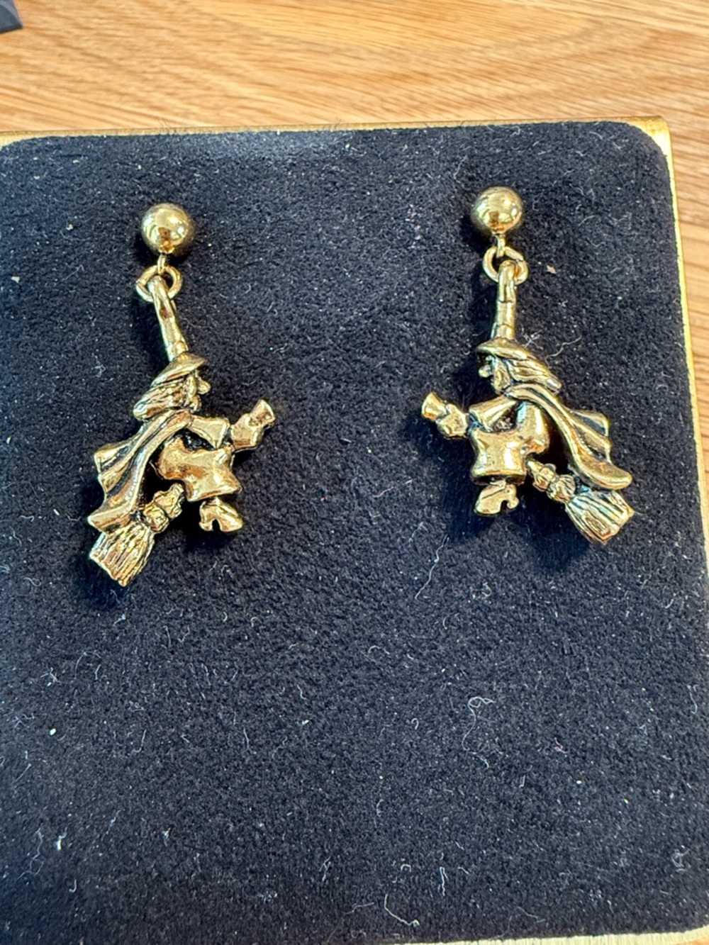Vintage 90s Avon Gold Witch on Broomstick Drop Post Earrings. Halloween Jewelry